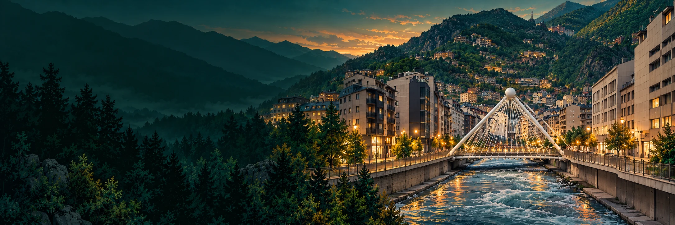 Paisaje ilustrado de Andorra, entre montañas y ciudad